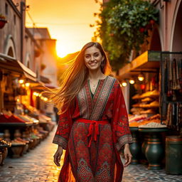 A beautiful woman walking gracefully down the scenic streets of Afous city, adorned in traditional Moroccan attire