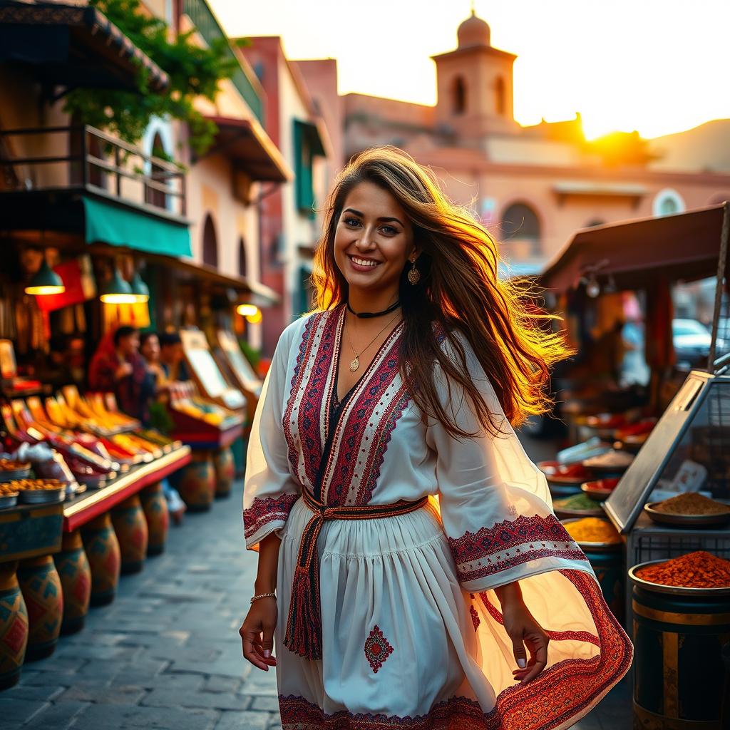A beautiful woman walking gracefully down the scenic streets of Afous city, adorned in traditional Moroccan attire
