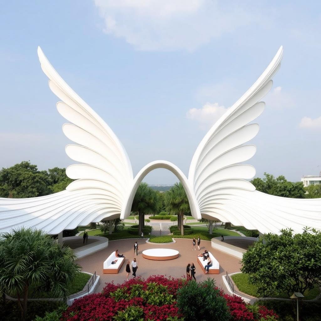A beautifully designed space for relaxation and gatherings, shaped like a pair of spread-out wings