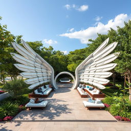 A beautifully designed space for relaxation and gatherings, shaped like a pair of spread-out wings