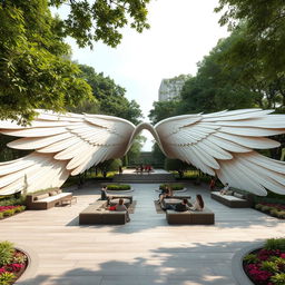 A beautifully designed space for relaxation and gatherings, shaped like a pair of spread-out wings