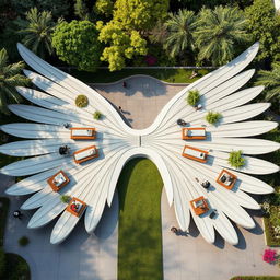 A beautifully designed space for relaxation and gatherings, shaped like a pair of spread-out wings