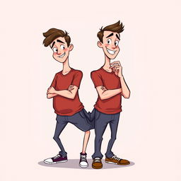 A creative illustration of two conjoined twins, uniquely connected at the torso, standing together in a playful and harmonious way
