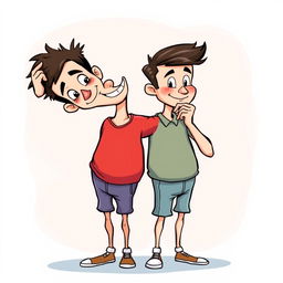 A creative illustration of two conjoined twins, uniquely connected at the torso, standing together in a playful and harmonious way
