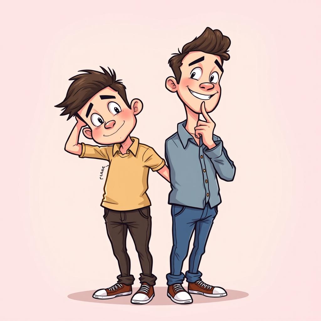 A creative illustration of two conjoined twins, uniquely connected at the torso, standing together in a playful and harmonious way