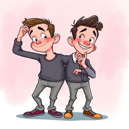 A creative illustration of two conjoined twins, uniquely connected at the torso, standing together in a playful and harmonious way