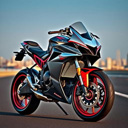 A sleek sports bike, angular design, shiny metallic surface, vibrant color scheme with a blend of red and black accents, showcasing intricate details of the wheels, engine, and frame, positioned on a smooth asphalt road, with a blurred background of a cityscape, capturing the essence of speed and modern engineering