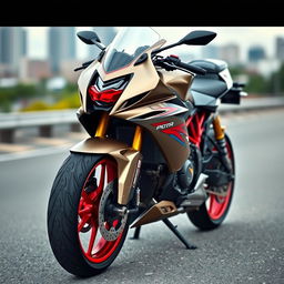 A sleek sports bike, angular design, shiny metallic surface, vibrant color scheme with a blend of red and black accents, showcasing intricate details of the wheels, engine, and frame, positioned on a smooth asphalt road, with a blurred background of a cityscape, capturing the essence of speed and modern engineering