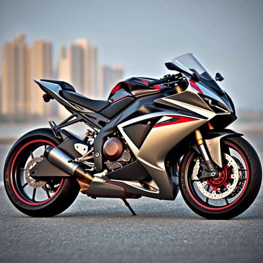A sleek sports bike, angular design, shiny metallic surface, vibrant color scheme with a blend of red and black accents, showcasing intricate details of the wheels, engine, and frame, positioned on a smooth asphalt road, with a blurred background of a cityscape, capturing the essence of speed and modern engineering