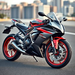 A sleek sports bike, angular design, shiny metallic surface, vibrant color scheme with a blend of red and black accents, showcasing intricate details of the wheels, engine, and frame, positioned on a smooth asphalt road, with a blurred background of a cityscape, capturing the essence of speed and modern engineering