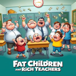 A vibrant movie poster showcasing a chaotic school scene where overweight children are playfully harassing their teachers, who appear to be frustrated yet humorous, holding bundles of money in their hands