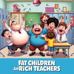 A vibrant movie poster showcasing a chaotic school scene where overweight children are playfully harassing their teachers, who appear to be frustrated yet humorous, holding bundles of money in their hands