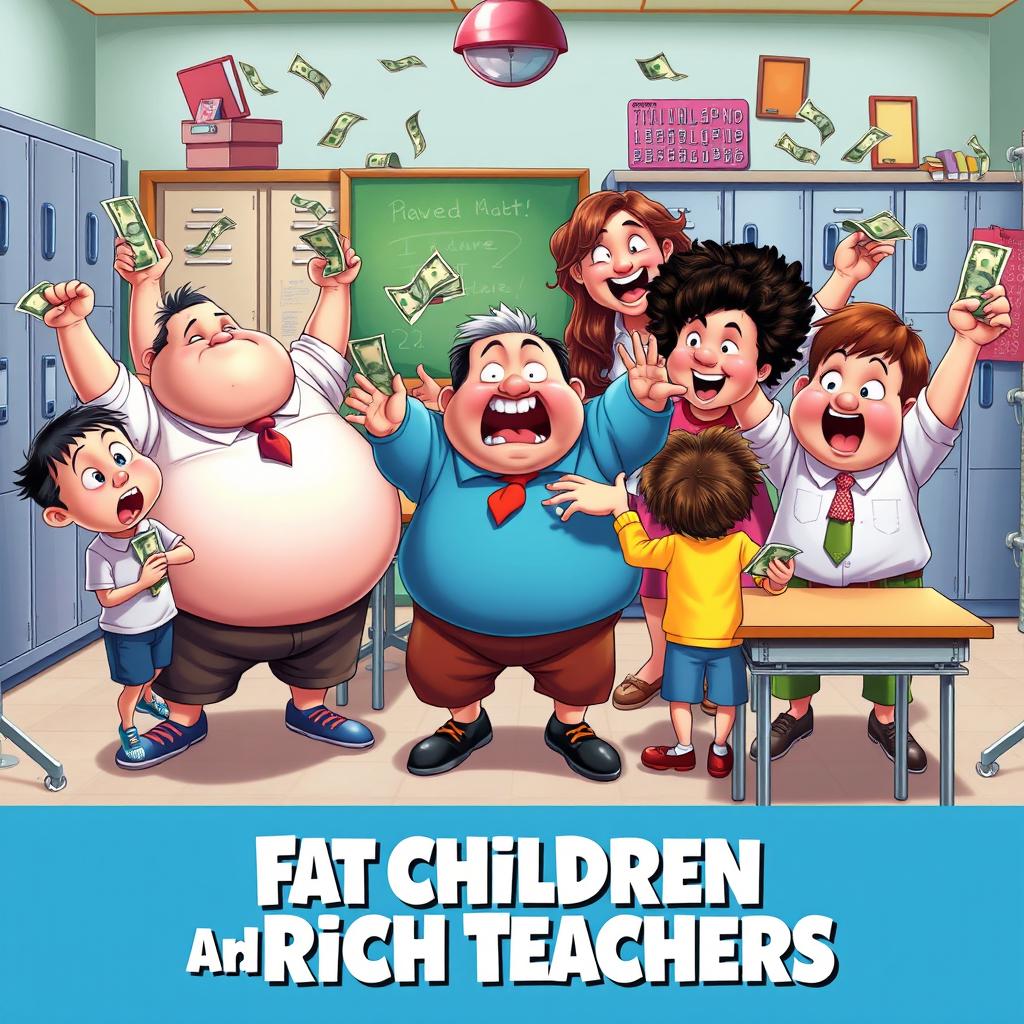 A vibrant movie poster showcasing a chaotic school scene where overweight children are playfully harassing their teachers, who appear to be frustrated yet humorous, holding bundles of money in their hands