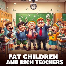 A vibrant movie poster showcasing a chaotic school scene where overweight children are playfully harassing their teachers, who appear to be frustrated yet humorous, holding bundles of money in their hands