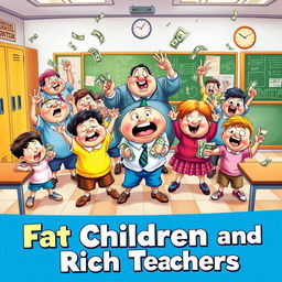 A vibrant movie poster showcasing a chaotic school scene where overweight children are playfully harassing their teachers, who appear to be frustrated yet humorous, holding bundles of money in their hands