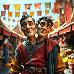A medieval human with two heads, standing in a vibrant open marketplace filled with rich colors and bustling activity