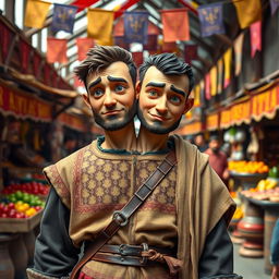 A medieval human with two heads, standing in a vibrant open marketplace filled with rich colors and bustling activity