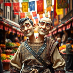 A medieval human with two heads, standing in a vibrant open marketplace filled with rich colors and bustling activity
