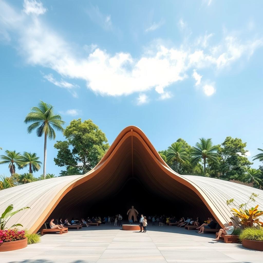 A modern outdoor gathering space, designed to resemble the spread wings of a bird lying on the ground, with people comfortably seated on the elongated 'feathers