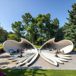 A modern outdoor gathering space, designed to resemble the spread wings of a bird lying on the ground, with people comfortably seated on the elongated 'feathers