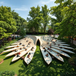 A modern outdoor gathering space, designed to resemble the spread wings of a bird lying on the ground, with people comfortably seated on the elongated 'feathers