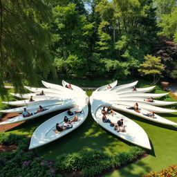 A modern outdoor gathering space, designed to resemble the spread wings of a bird lying on the ground, with people comfortably seated on the elongated 'feathers