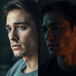 A split image featuring a handsome man on the left side with a sad expression, contrasted by another man on the right
