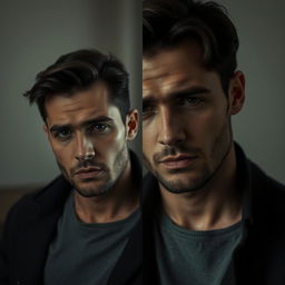 A split image featuring a handsome man on the left side with a sad expression, contrasted by another man on the right