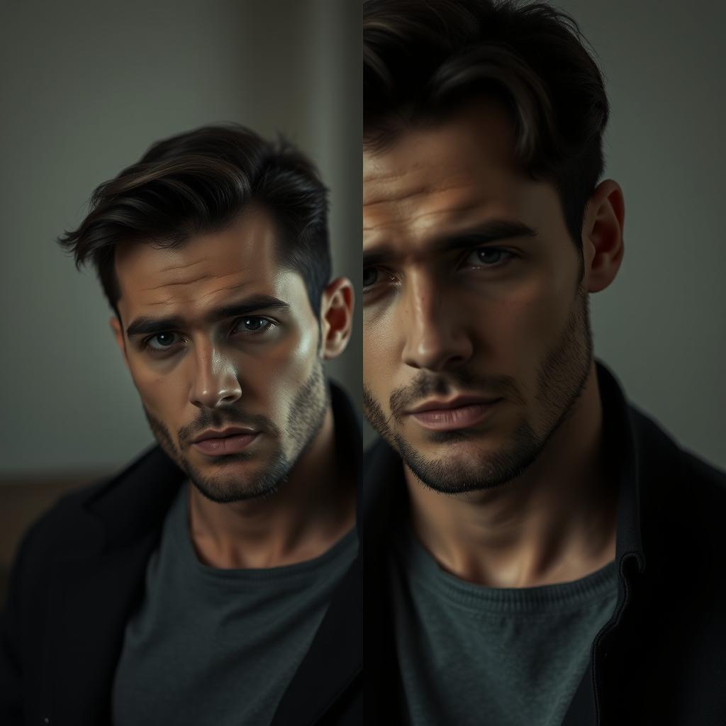 A split image featuring a handsome man on the left side with a sad expression, contrasted by another man on the right