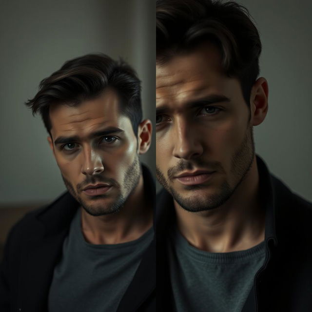 A split image featuring a handsome man on the left side with a sad expression, contrasted by another man on the right