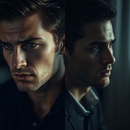 A split image featuring a handsome man on the left side with a sad expression, contrasted by another man on the right