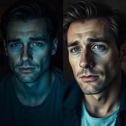 A split image featuring a handsome man on the left side with a sad expression, contrasted by another man on the right