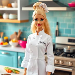 A highly detailed image of a Barbie doll dressed as a professional chef, standing confidently in a vibrant kitchen