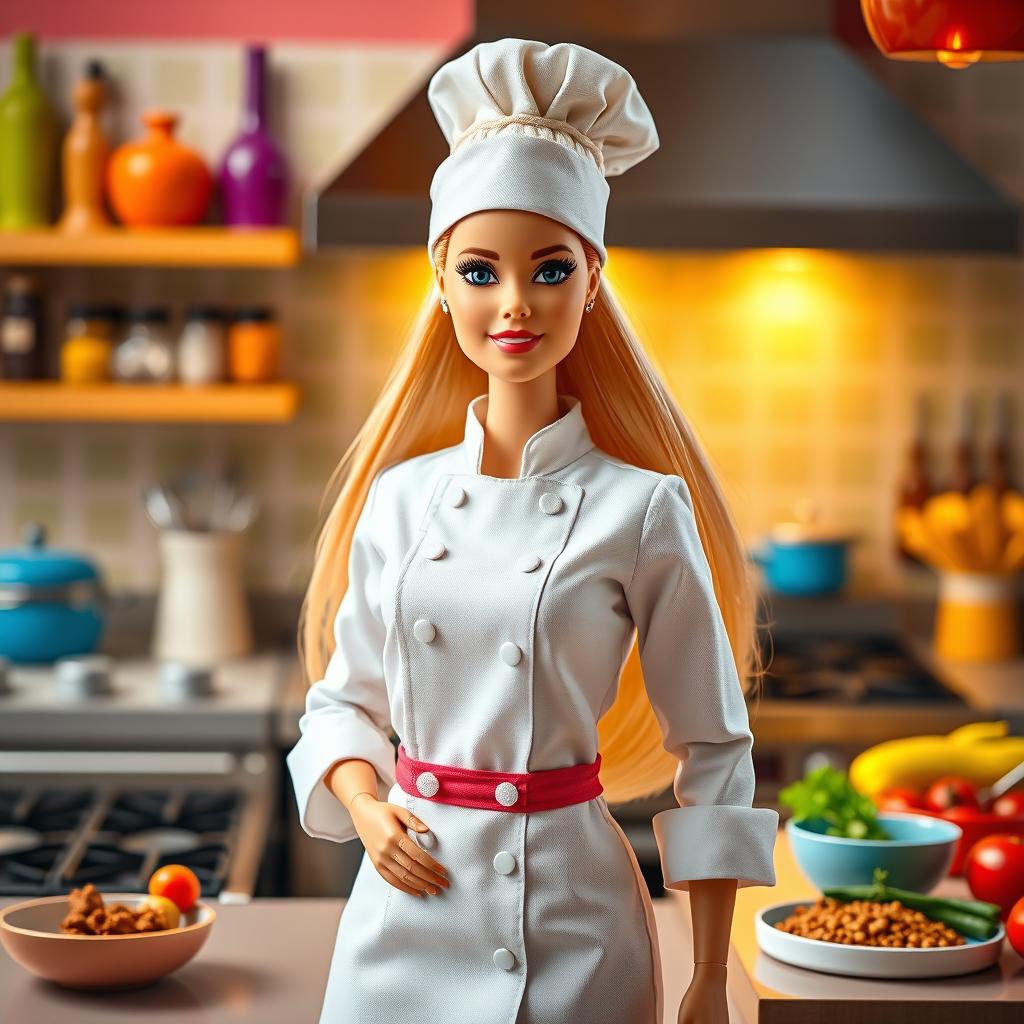 A highly detailed image of a Barbie doll dressed as a professional chef, standing confidently in a vibrant kitchen
