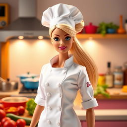A highly detailed image of a Barbie doll dressed as a professional chef, standing confidently in a vibrant kitchen