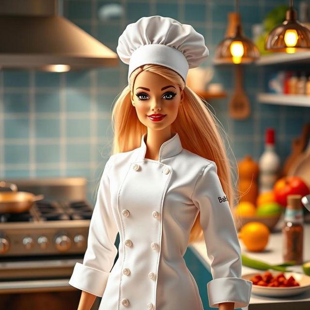A highly detailed image of a Barbie doll dressed as a professional chef, standing confidently in a vibrant kitchen