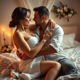 A passionate intimate scene between a man and a woman who are married and deeply in love, embracing each other romantically in a softly lit bedroom