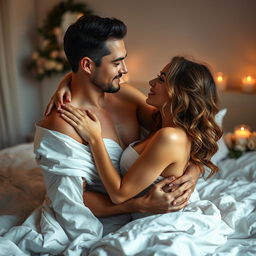 A passionate intimate scene between a man and a woman who are married and deeply in love, embracing each other romantically in a softly lit bedroom