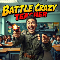 A gripping series poster featuring a man in a military combat uniform cheerfully shooting in a school setting, evoking a twisted comedic vibe