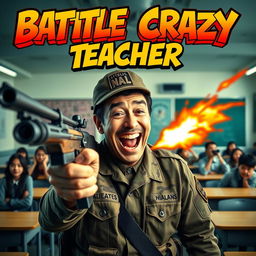 A gripping series poster featuring a man in a military combat uniform cheerfully shooting in a school setting, evoking a twisted comedic vibe