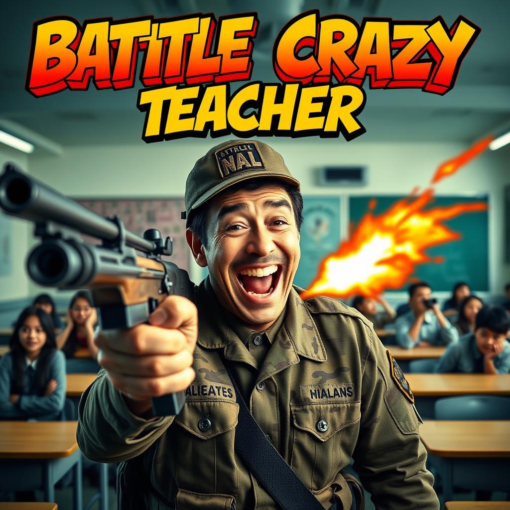 A gripping series poster featuring a man in a military combat uniform cheerfully shooting in a school setting, evoking a twisted comedic vibe