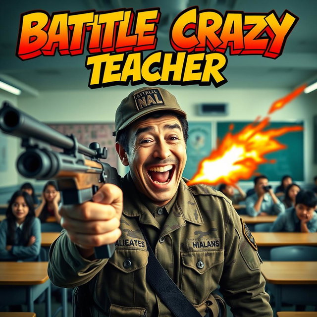 A gripping series poster featuring a man in a military combat uniform cheerfully shooting in a school setting, evoking a twisted comedic vibe
