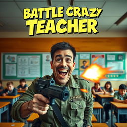 A gripping series poster featuring a man in a military combat uniform cheerfully shooting in a school setting, evoking a twisted comedic vibe