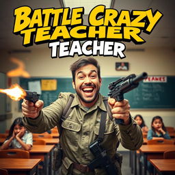 A gripping series poster featuring a man in a military combat uniform cheerfully shooting in a school setting, evoking a twisted comedic vibe