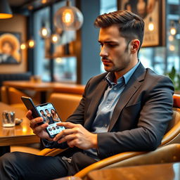 A businessman sitting at a stylish café, looking contemplative as he holds a smartphone, glancing at dating app profiles on the screen