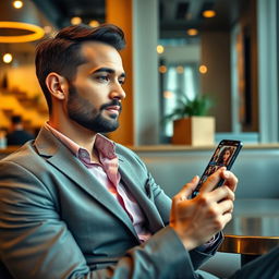 A businessman sitting at a stylish café, looking contemplative as he holds a smartphone, glancing at dating app profiles on the screen
