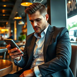 A businessman sitting at a stylish café, looking contemplative as he holds a smartphone, glancing at dating app profiles on the screen