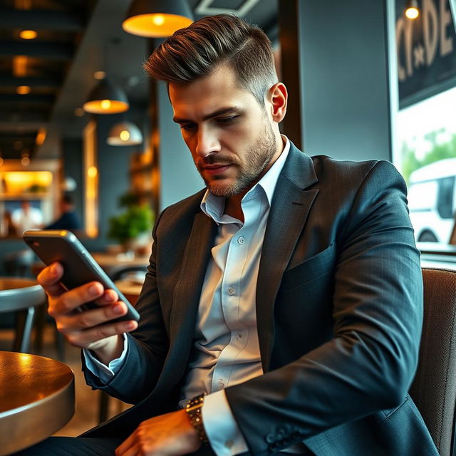 A businessman sitting at a stylish café, looking contemplative as he holds a smartphone, glancing at dating app profiles on the screen