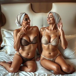 Two mature women, both with headscarves and prominent busts, wearing seductive lingerie