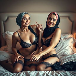Two mature women, both with headscarves and prominent busts, wearing seductive lingerie